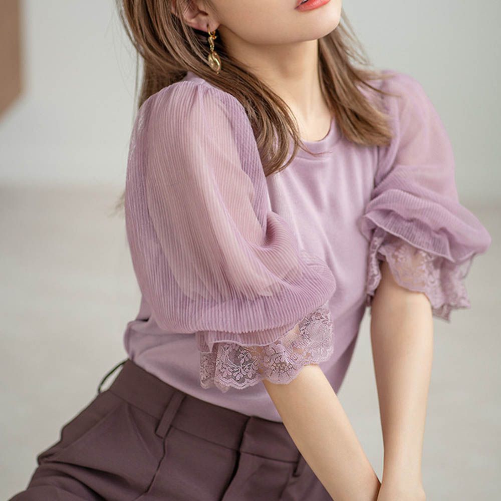 背蝴蝶結浪漫薄紗蕾絲短袖上衣-煙燻粉 (F)