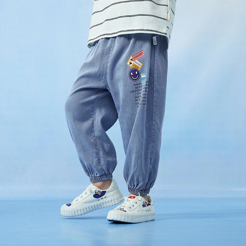 卡通圖束口長褲/防蚊褲-笑臉-藍色