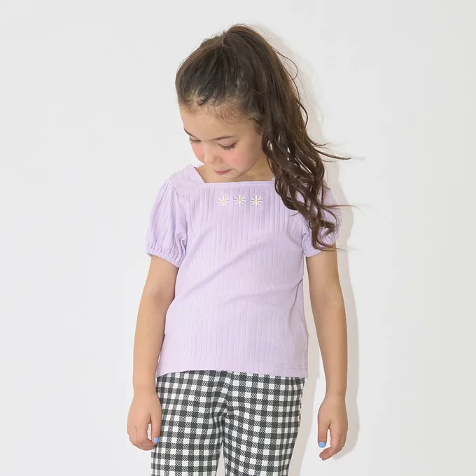 日本 Lycee mine - 方領羅紋可愛刺繡泡泡短袖上衣-愛心-象牙白