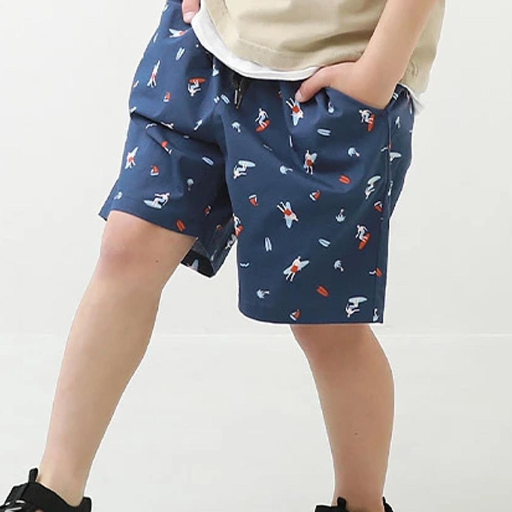 日本 devirock - 印花綁帶設計寬鬆五分褲-衝浪男孩-海軍藍