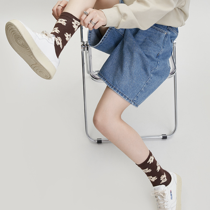 love, charlotte - 拿鐵小熊格子中筒棉襪 (XXL (22~24cm))-3 雙一組