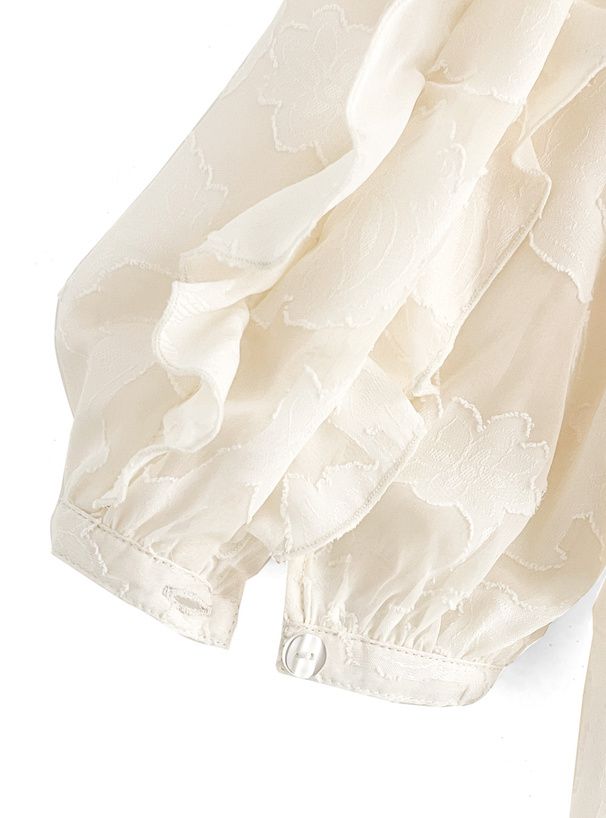 日本 GRL - 浪漫花刺繡荷葉捲邊短袖襯衫-奶油白 (F)