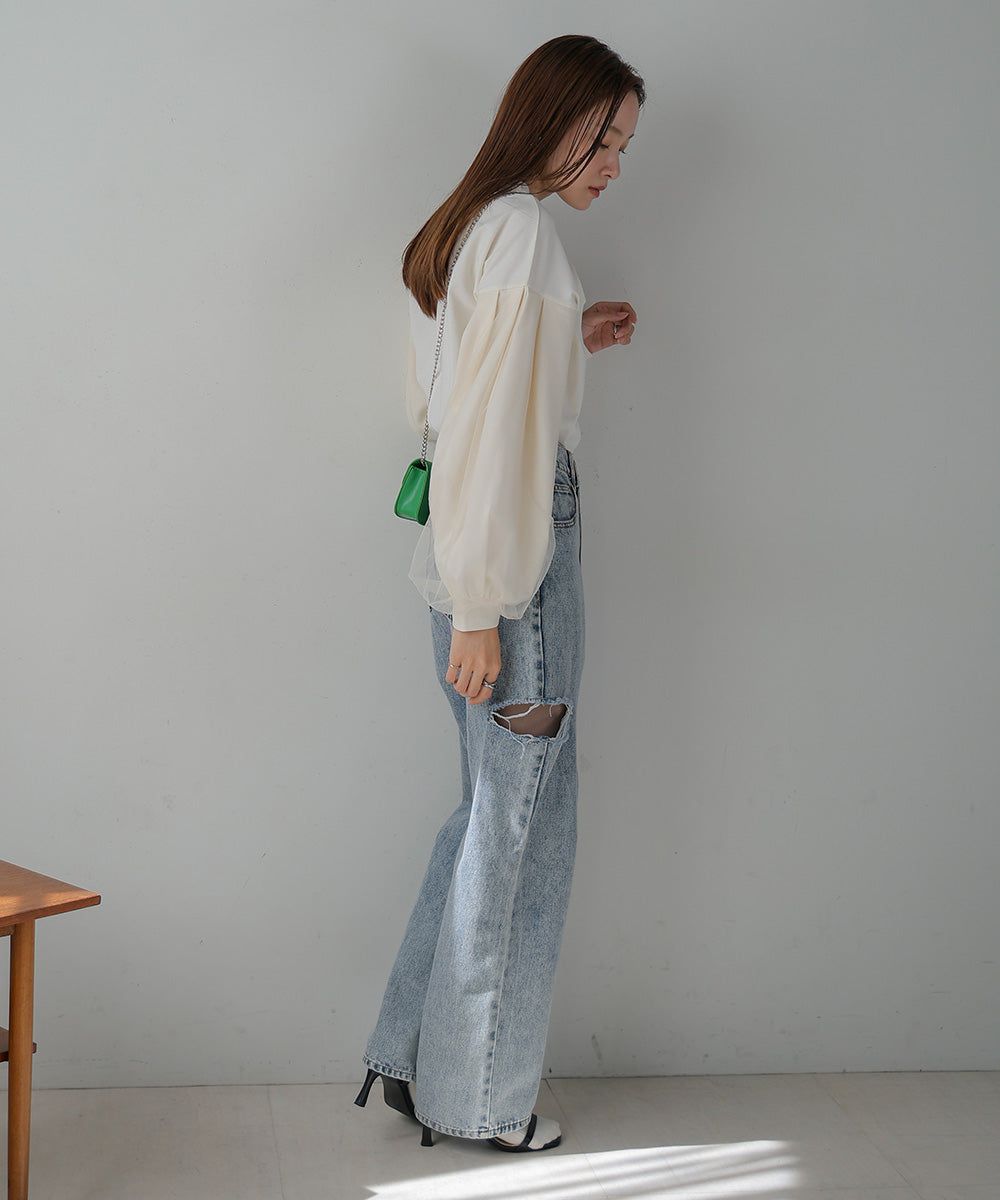 日本 Bab - 優雅拼接薄紗長袖上衣-深灰