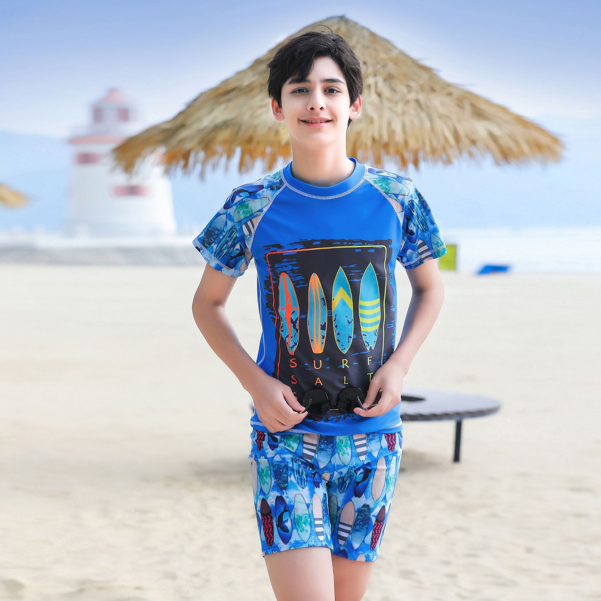 大童男孩短袖泳衣套裝(二件組)-衝浪板-藍色-泳衣、泳褲