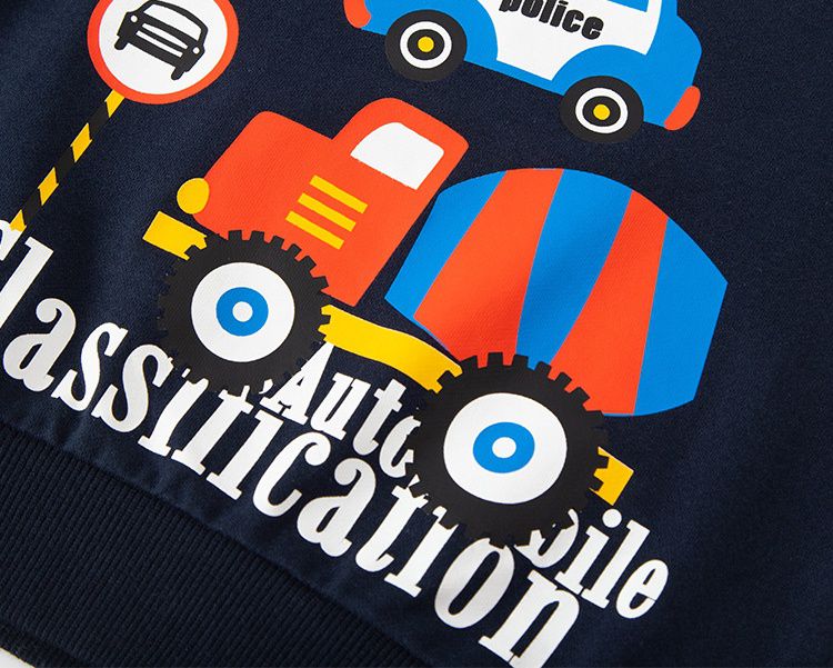 純棉圓領長袖上衣/大學T-水泥車+警車-深藍色