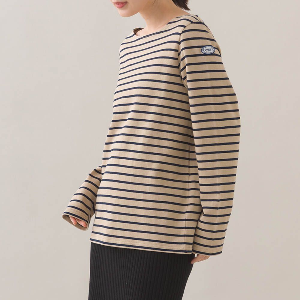 [必收款]100%棉 條紋船領長袖上衣-棕x海軍藍