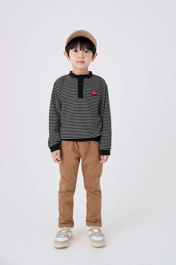 韓國 Coco Bang - 鈕扣細條紋長袖上衣-酒紅