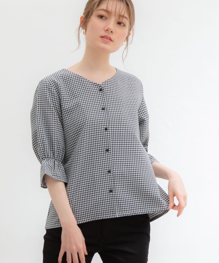 日本 Honeys - V領糖果袖七分袖襯衫上衣-格紋-黑