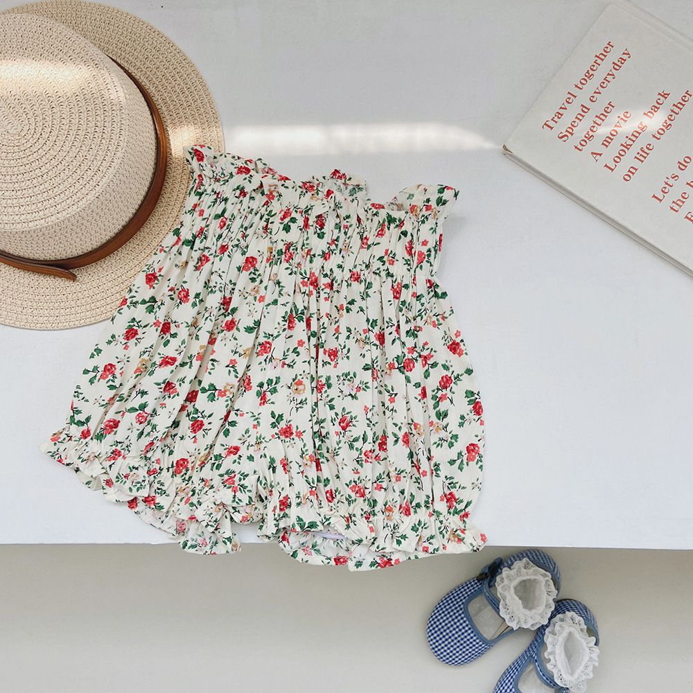 腰鬆緊休閒碎花燈籠短褲-小碎花-黑+白