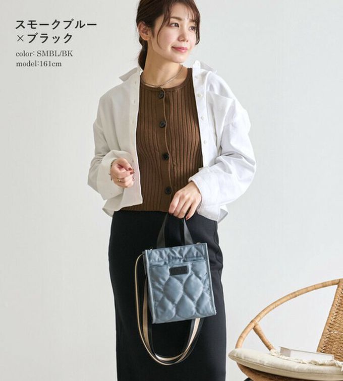 日本 LIZDAYS - 防潑水 輕巧絎縫方形側背小包-米白x棕