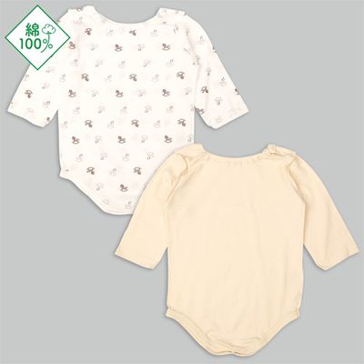 akachan honpo - 輕鬆方便長袖包屁衣2件組-套頭式 木馬-象牙白色