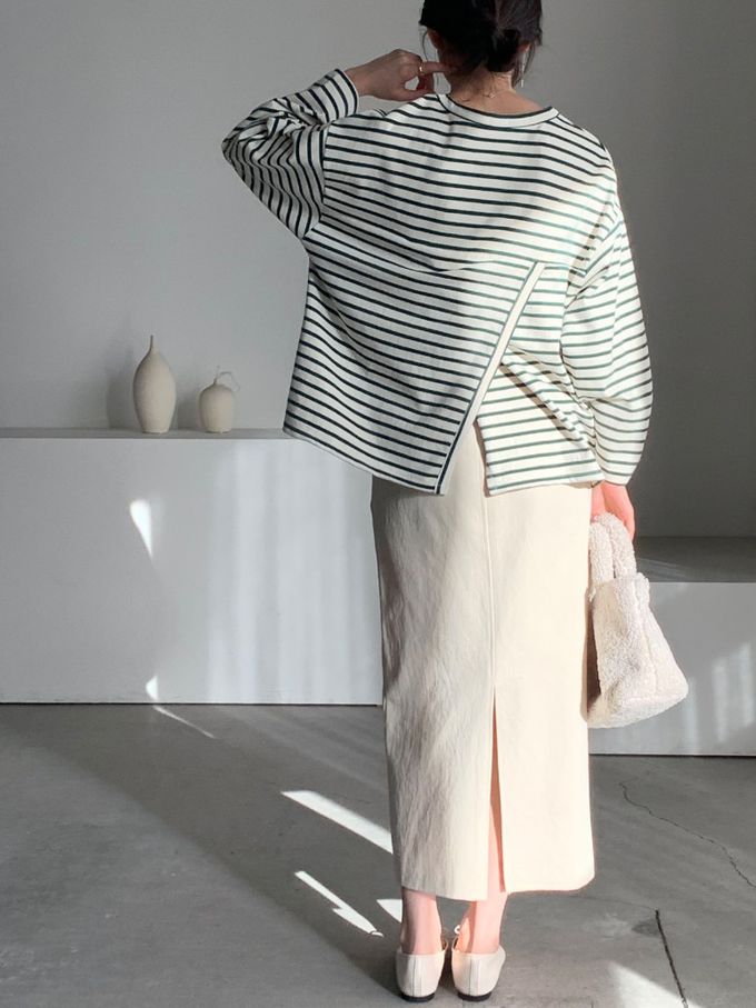 韓國女裝連線 - 不對稱後開衩條紋長袖上衣-墨綠 (FREE)