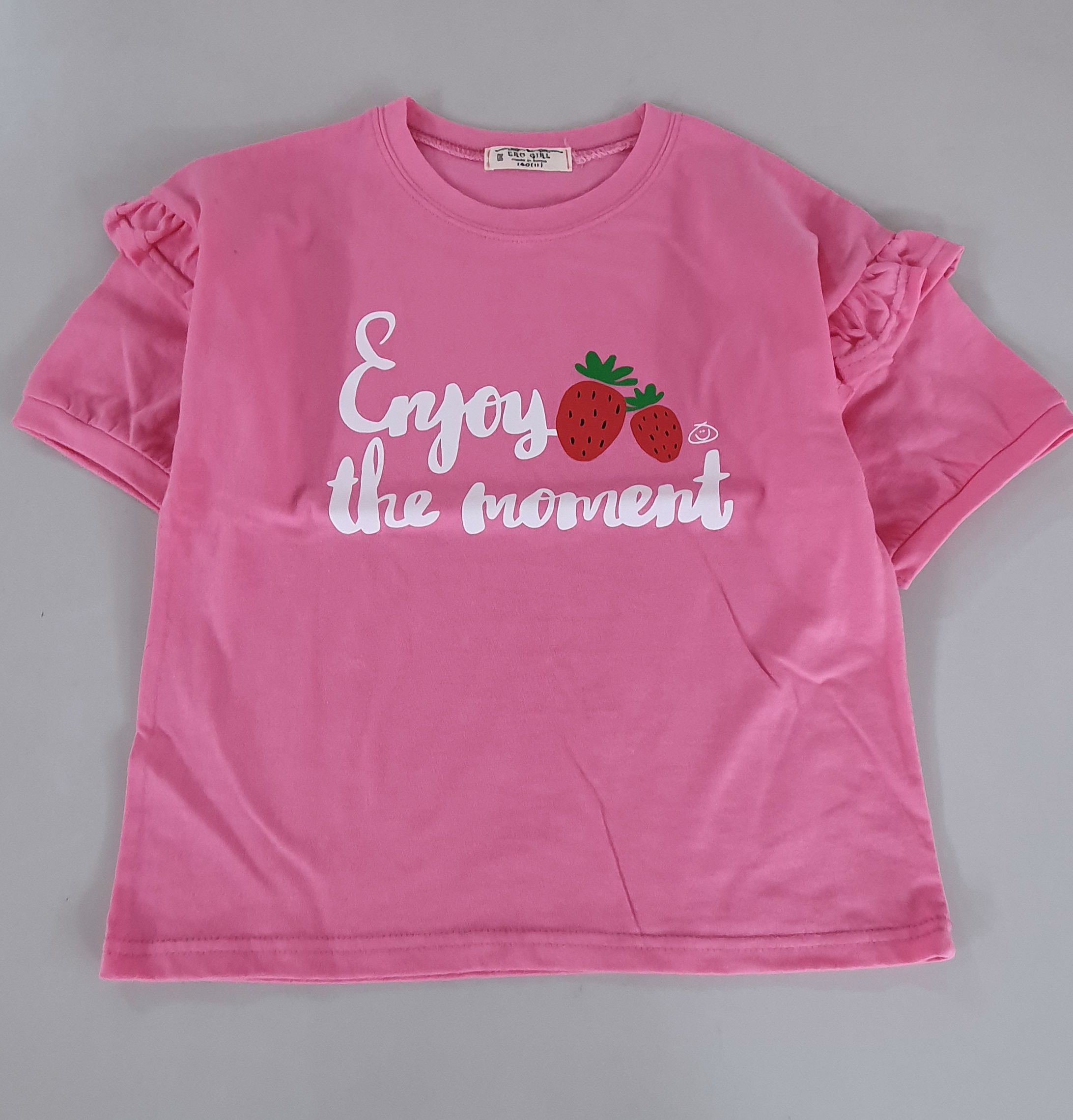 韓國 ERU - 荷葉裝飾袖草莓印花T-草莓粉