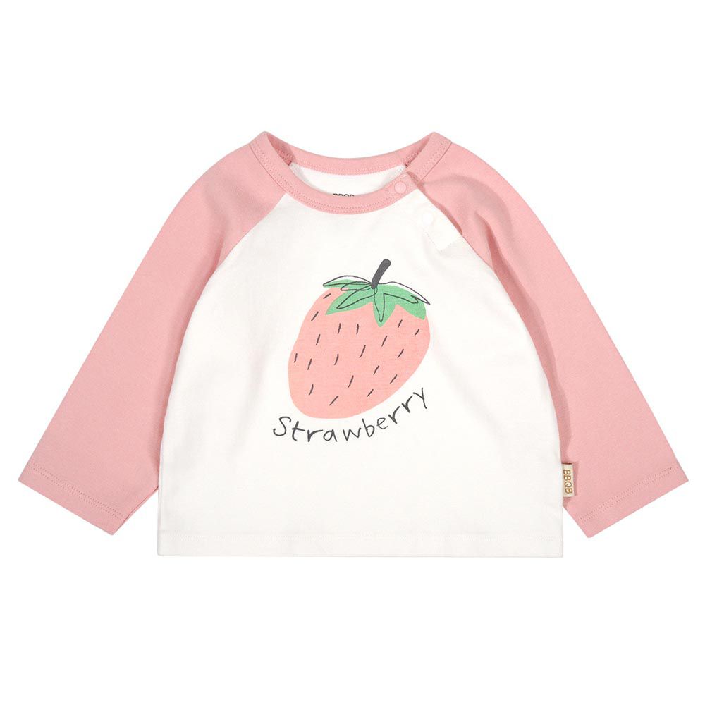 Minizone - 純棉拼色圓領長袖上衣-草莓-粉+白
