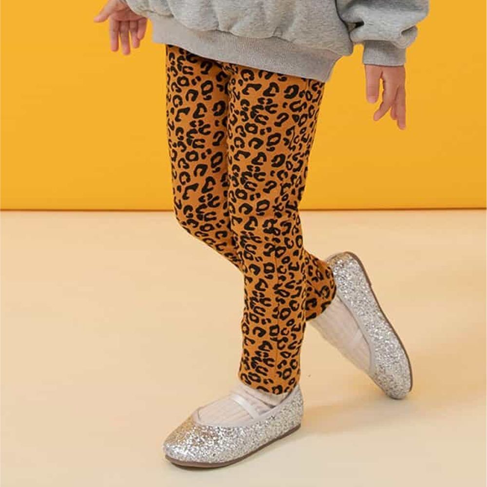 百搭內刷毛鬆緊合身長褲-豹紋-焦糖