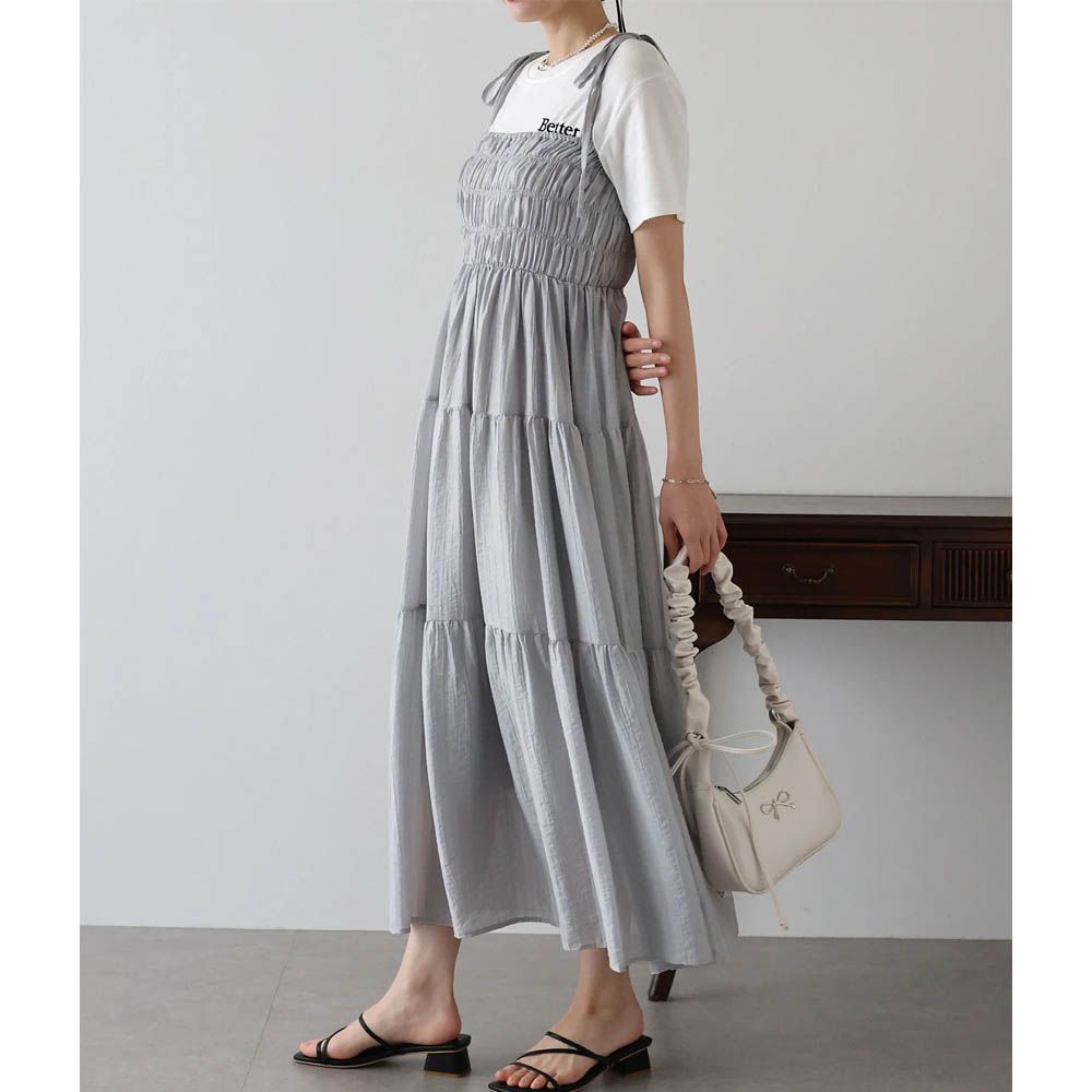 清爽透膚感皺摺綁帶分層洋裝-灰