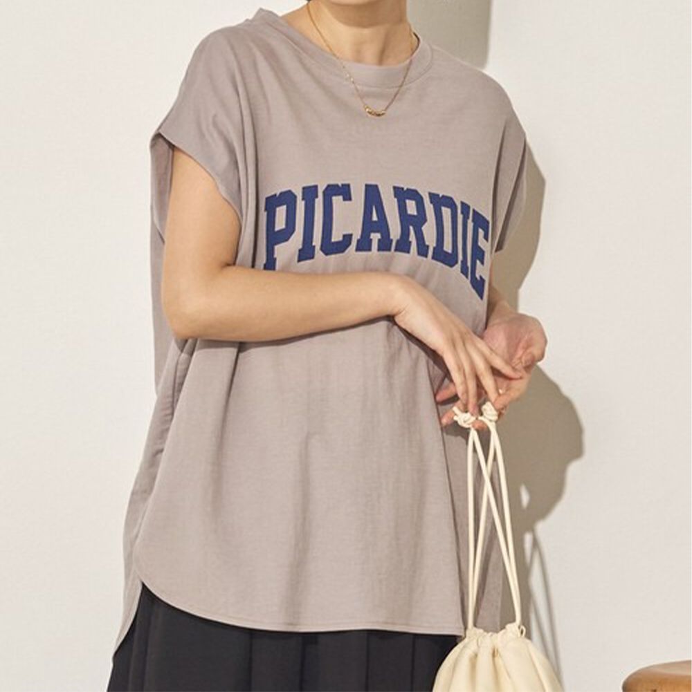 接觸涼感 簡約標語法式袖上衣-灰棕