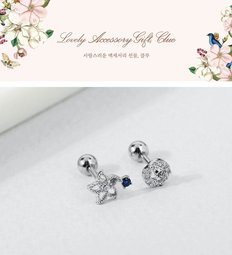 韓國 Clue - 醫療鋼耳針-9月誕生花-大麗菊X藍寶石-銀