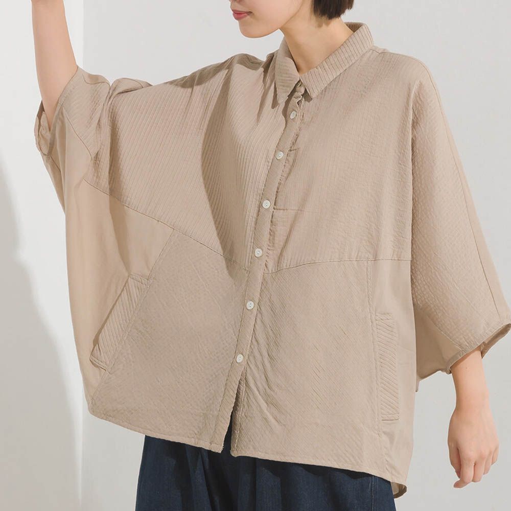 100%印度棉 柔軟透氣寬袖襯衫(附口袋)-卡其