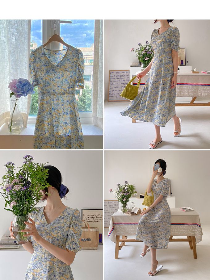 韓國女裝代購 - 水彩花印V領縮腰連身洋裝-藍 (FREE)