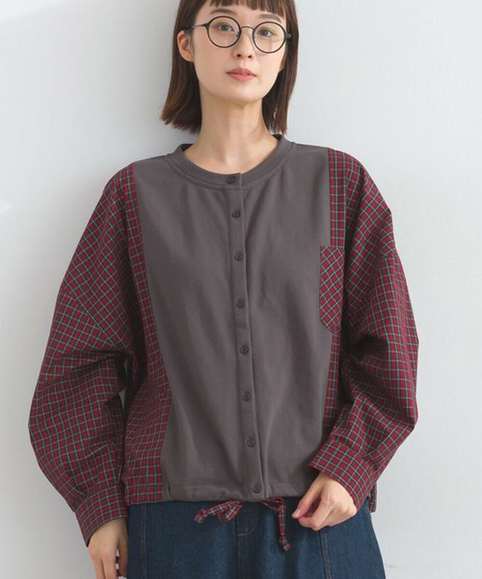 日本 Lupilien - 可愛格子拼接裏毛休閒襯衫-淺灰x紫