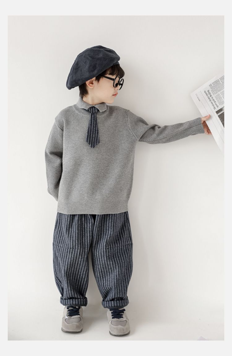 TONGMO - (加絨)小紳士腰鬆緊休閒條紋寬褲-黑+灰