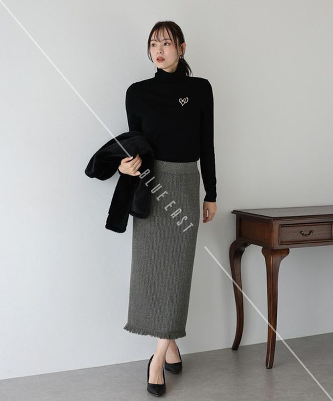 日本 BLUE EAST - 微閃亮羅紋針織流蘇開叉鉛筆裙-摩卡