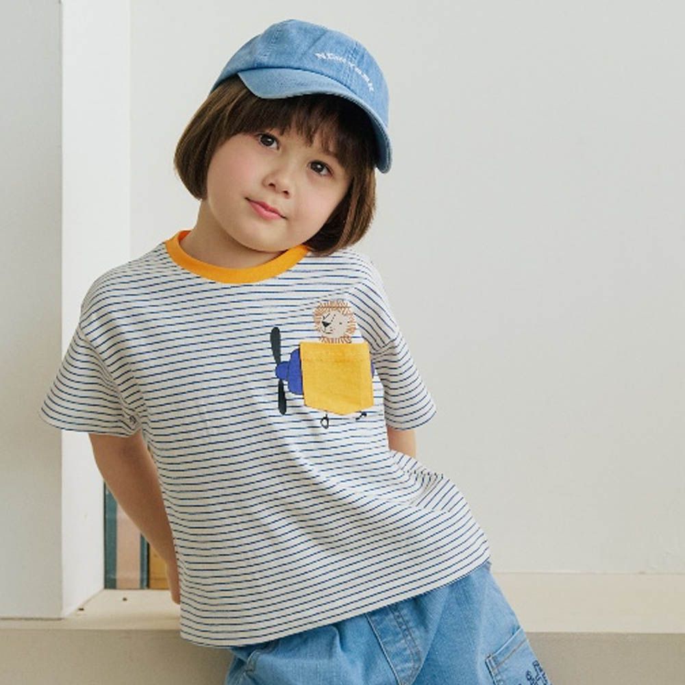 飛行獅子條紋短袖上衣-寶藍X橘黃