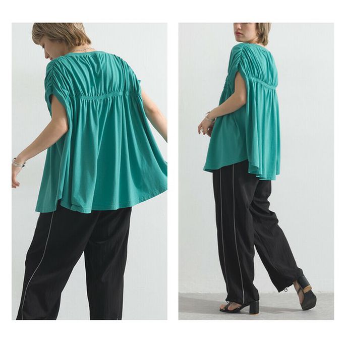 日本 le colis - 清爽天竺棉落肩皺摺短袖上衣-紅