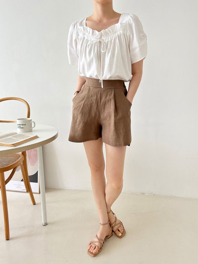 韓國女裝連線 - 波浪方領棉麻短袖上衣-白 (FREE)