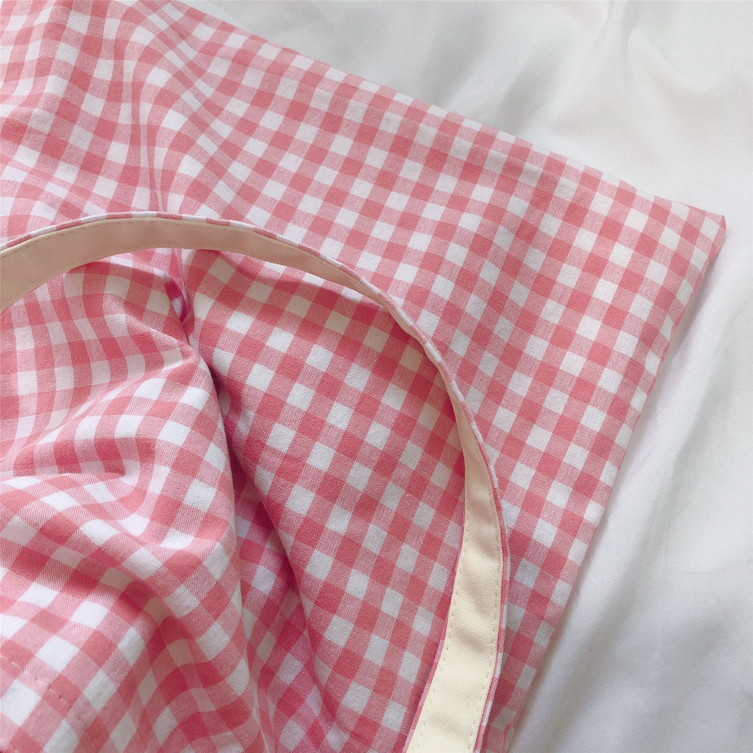 休閒格子單肩手提帆布袋-粉紅色 (37*35cm)