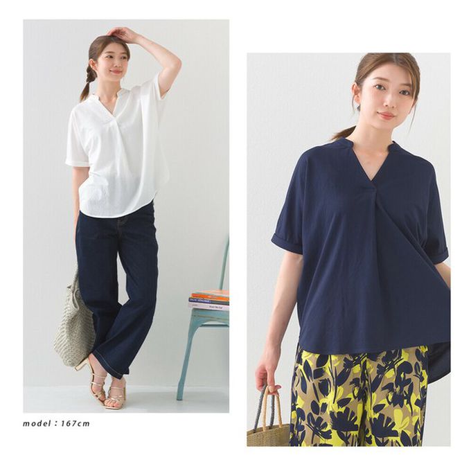 日本 OMNES - 接觸涼感 嫘縈休閒V領前短後長上衣-灰棕