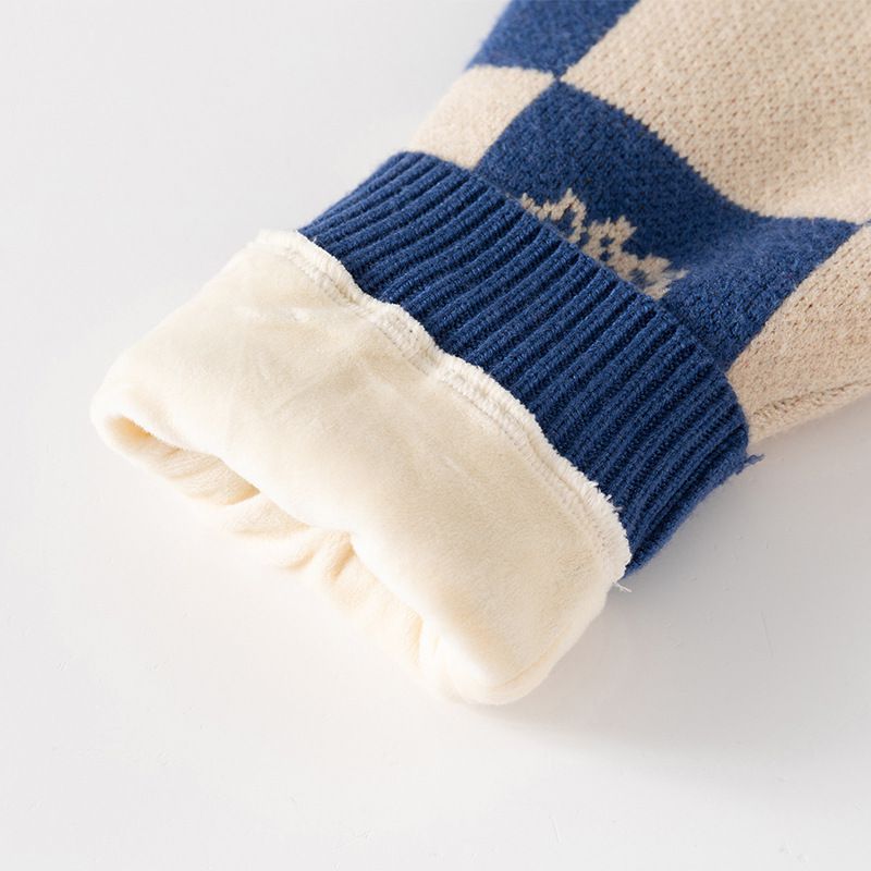 圓領保暖針織長袖上衣/毛衣-拼色格紋恐龍-藍色