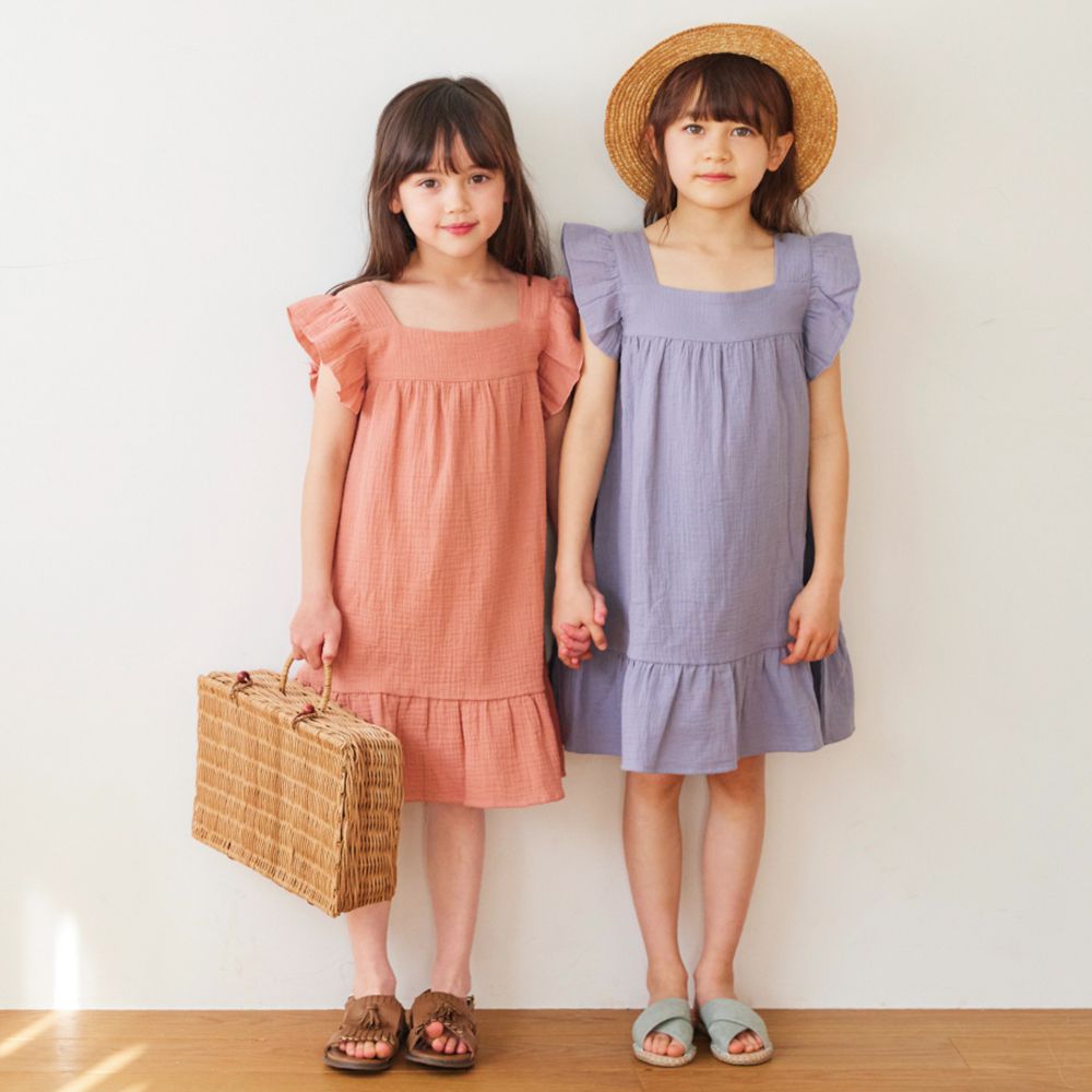 日本 evercloset - 小清新純棉柔軟荷葉袖洋裝-藍紫