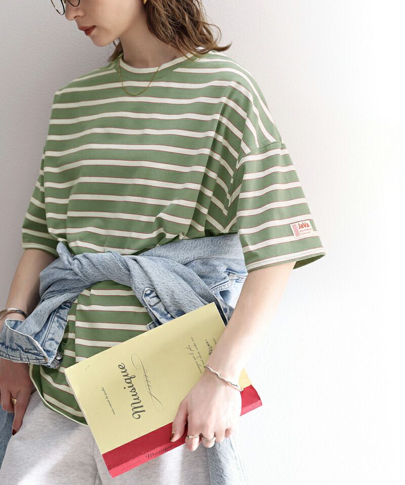 日本 Classical Elf - 圓領橫條紋落肩短袖上衣-淺卡其