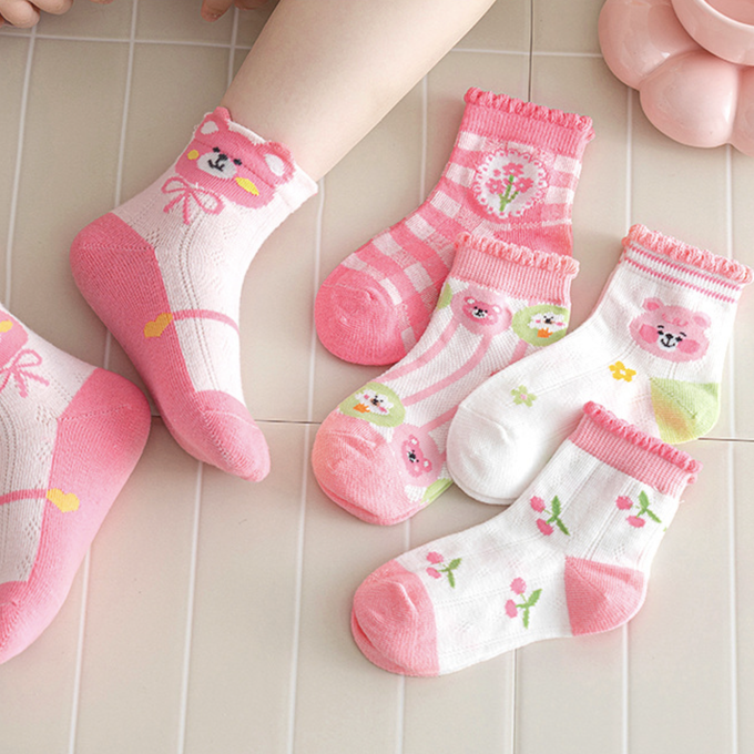 love, charlotte - 泡泡花邊粉紅小熊櫻桃網眼短筒棉襪-5 雙一組