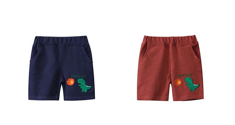 純棉腰鬆緊休閒五分褲-噴火恐龍-深藍色