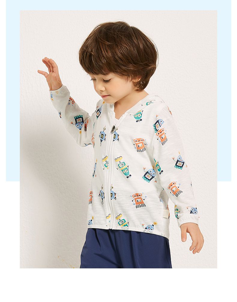 純棉連帽防曬外套/空調外套-小小機器人-白色