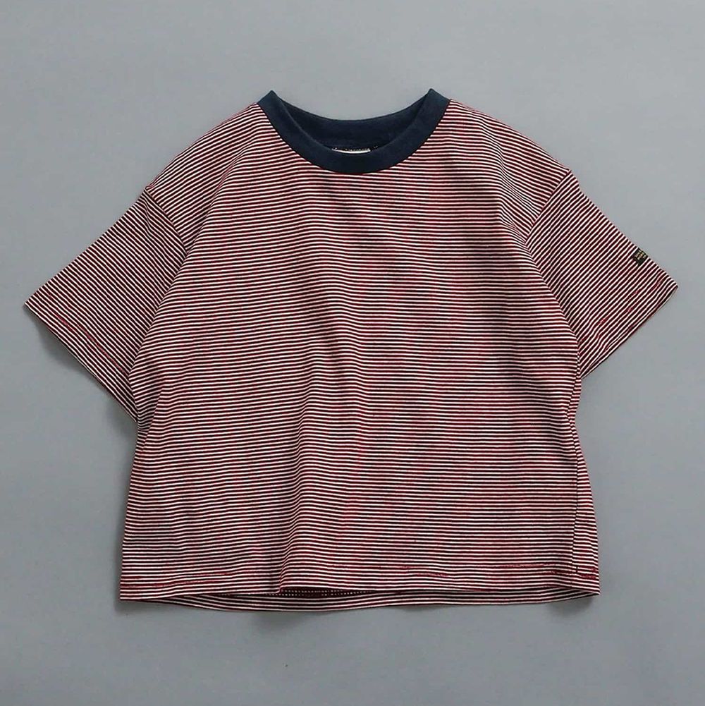 純棉百搭定番短袖上衣-細條紋-酒紅x黑領