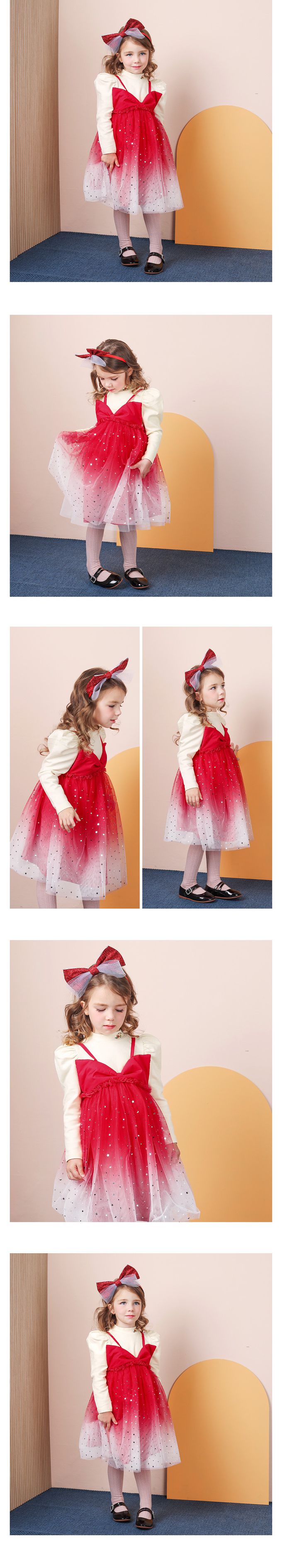 韓國 WALTON kids - 星彩亮片蝶結細肩網紗漸層洋裝-粉