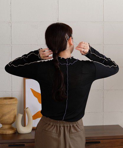 日本 Bou Jeloud - 木耳滾邊長袖上衣-淺灰