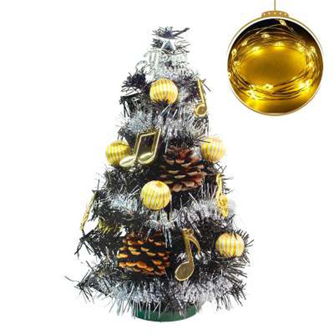 MODACore 摩達客 - 摩達客★台灣製迷你1呎/1尺(30cm)時尚銀彩音符系裝飾黑色聖誕樹+LED20燈銅線燈(暖白光/USB電池兩用充電)免組裝/本島免運費