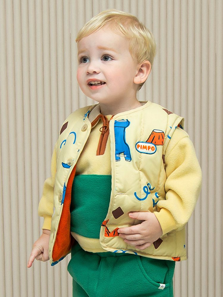 韓國Pimpollo - 手繪風自信恐龍保暖背心-灰