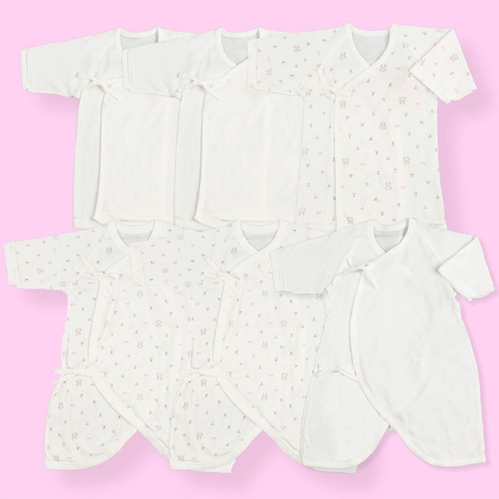 akachan honpo - 新生兒內衣6件組長袖 綁帶款-logo動物-粉紅色 (50～60cm)