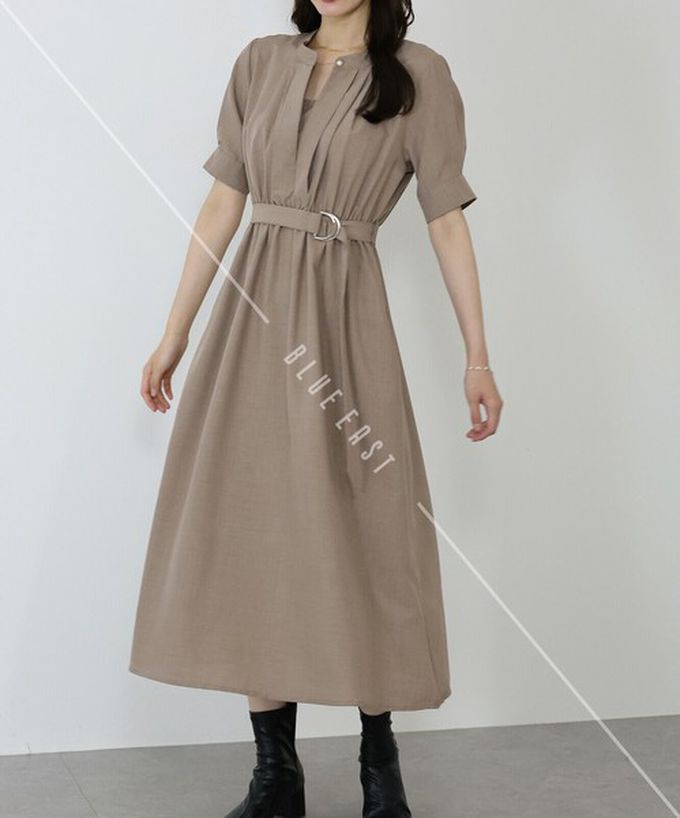 日本 BLUE EAST - 優雅打褶2way領束腰短袖洋裝-灰藍