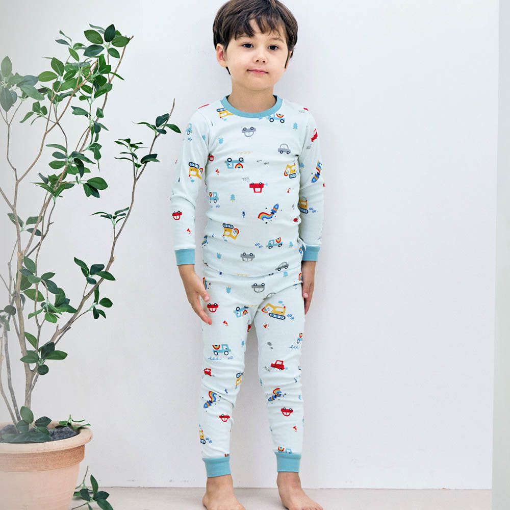 細緻柔棉彈性長袖家居服-火箭X車車-水藍