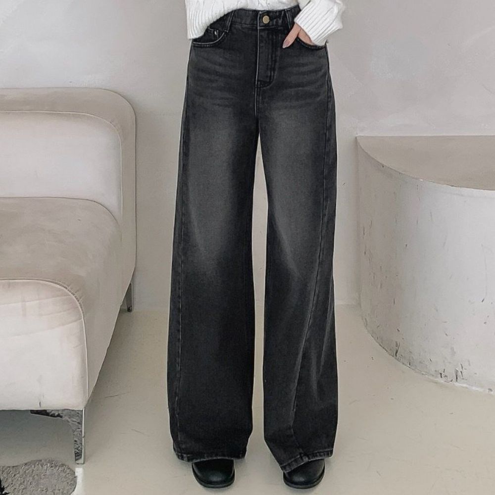 EDITION (內磨毛)彈性腰時尚顯瘦廓形寬褲-黑