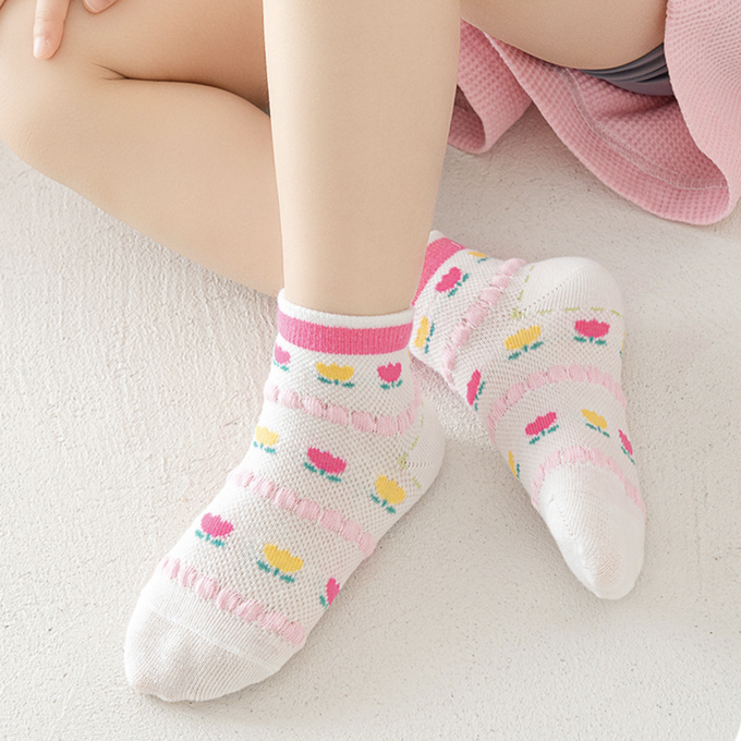 love, charlotte - 小兔大花櫻桃網眼短筒棉襪-5 雙一組