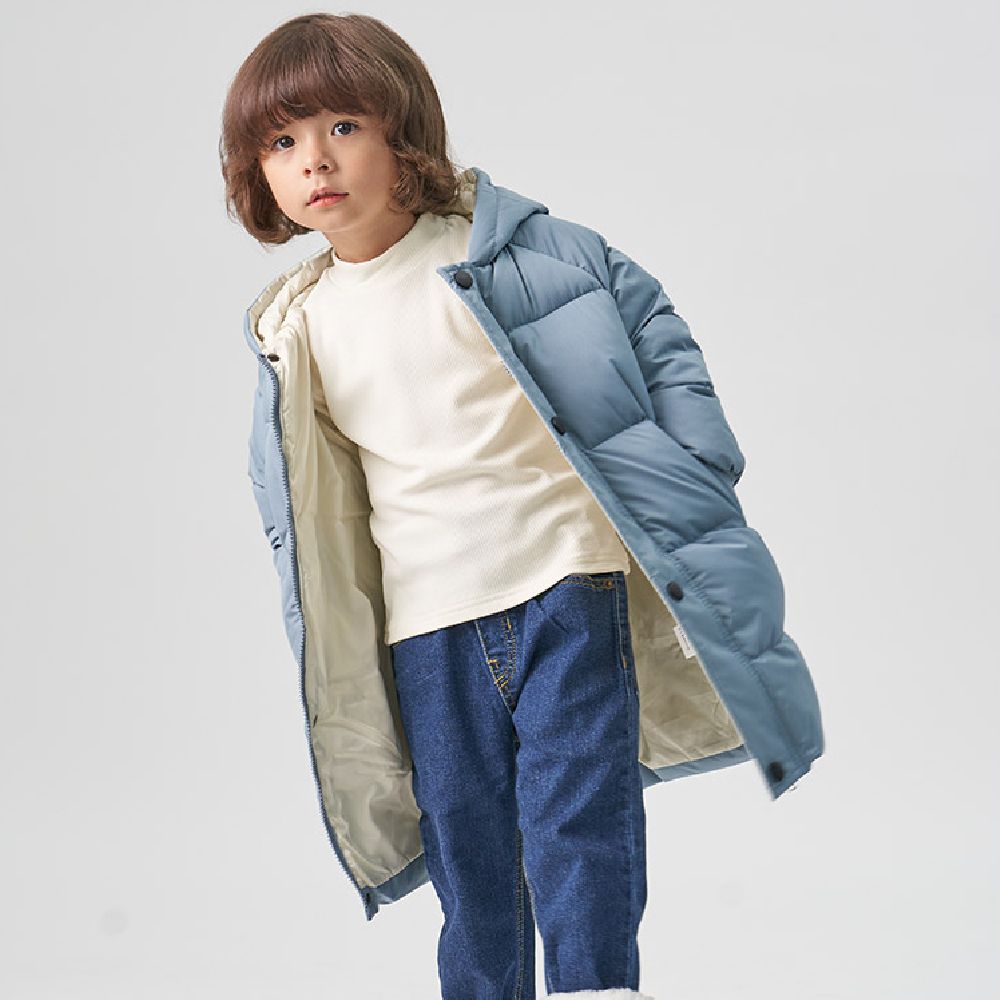 大口袋澎澎長版防風連帽外套-藍