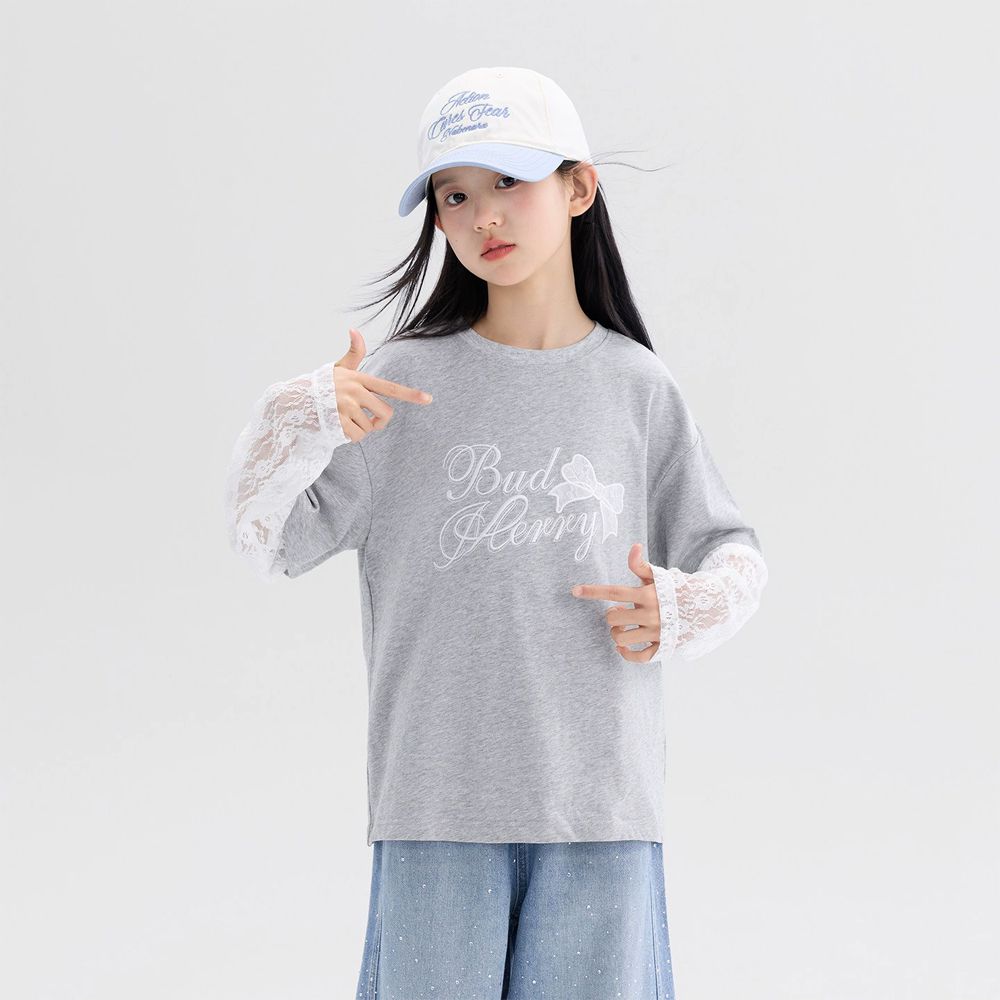 親膚棉質拼接假兩件長袖上衣-甜美蕾絲-灰色